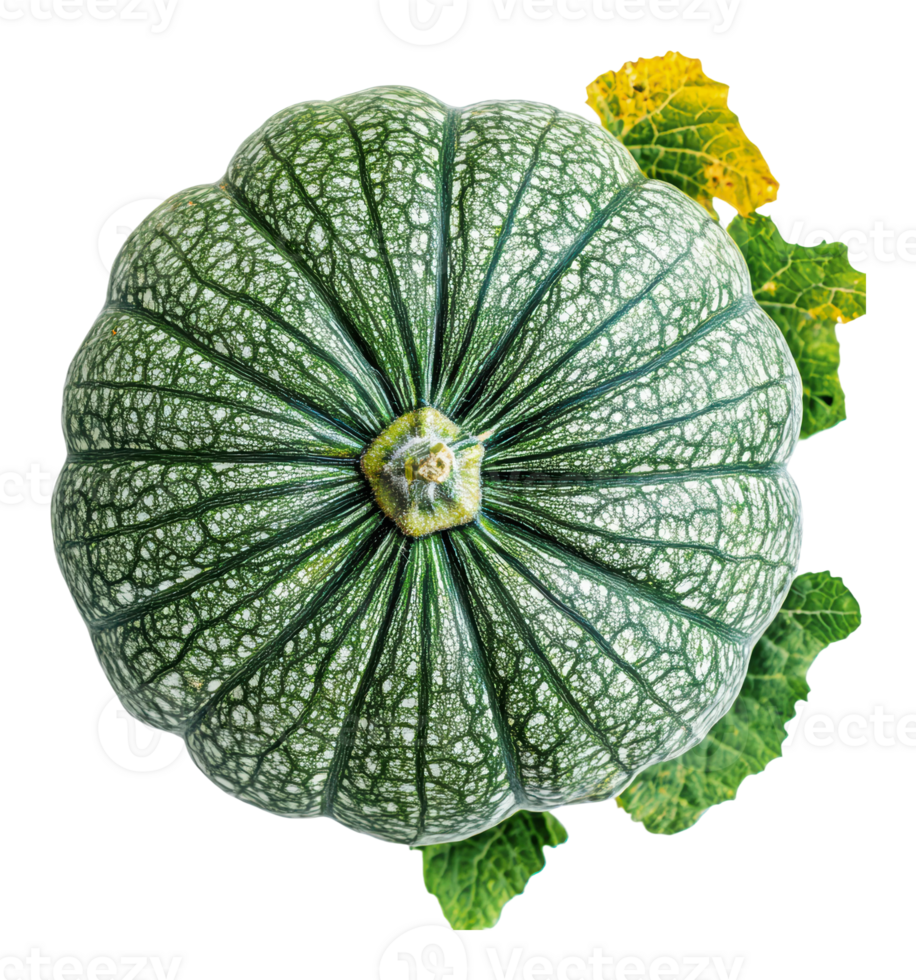 Green pumpkin with textured skin and leaves png