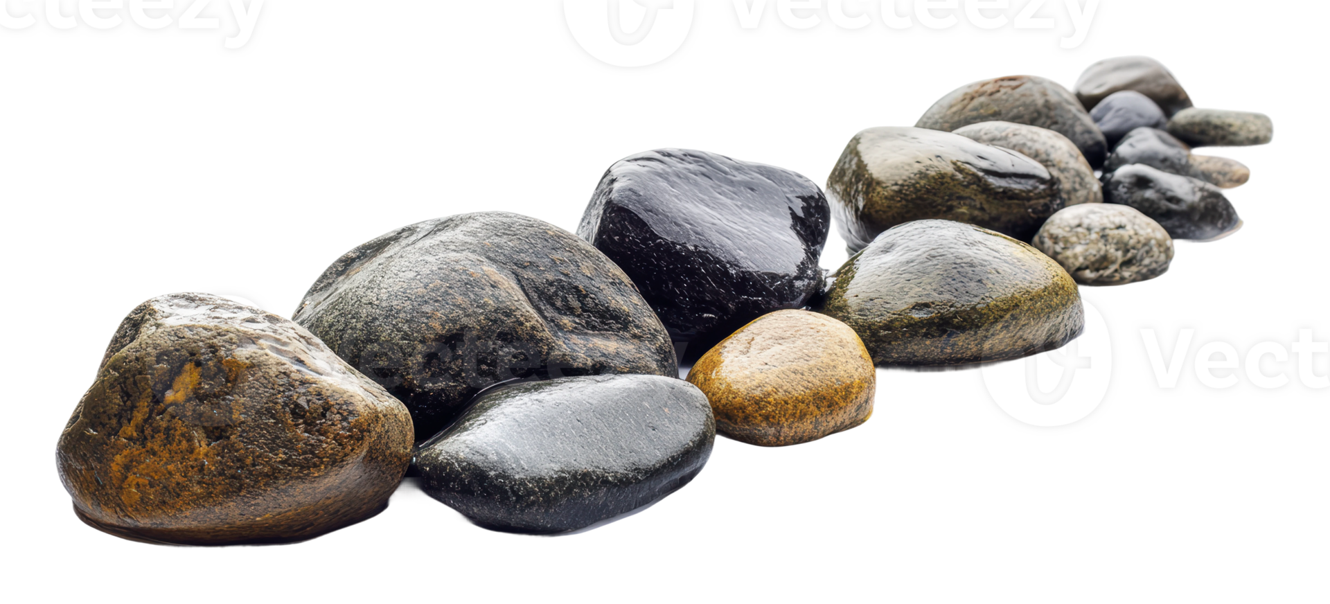 Pebbles arranged in a line on a white background png