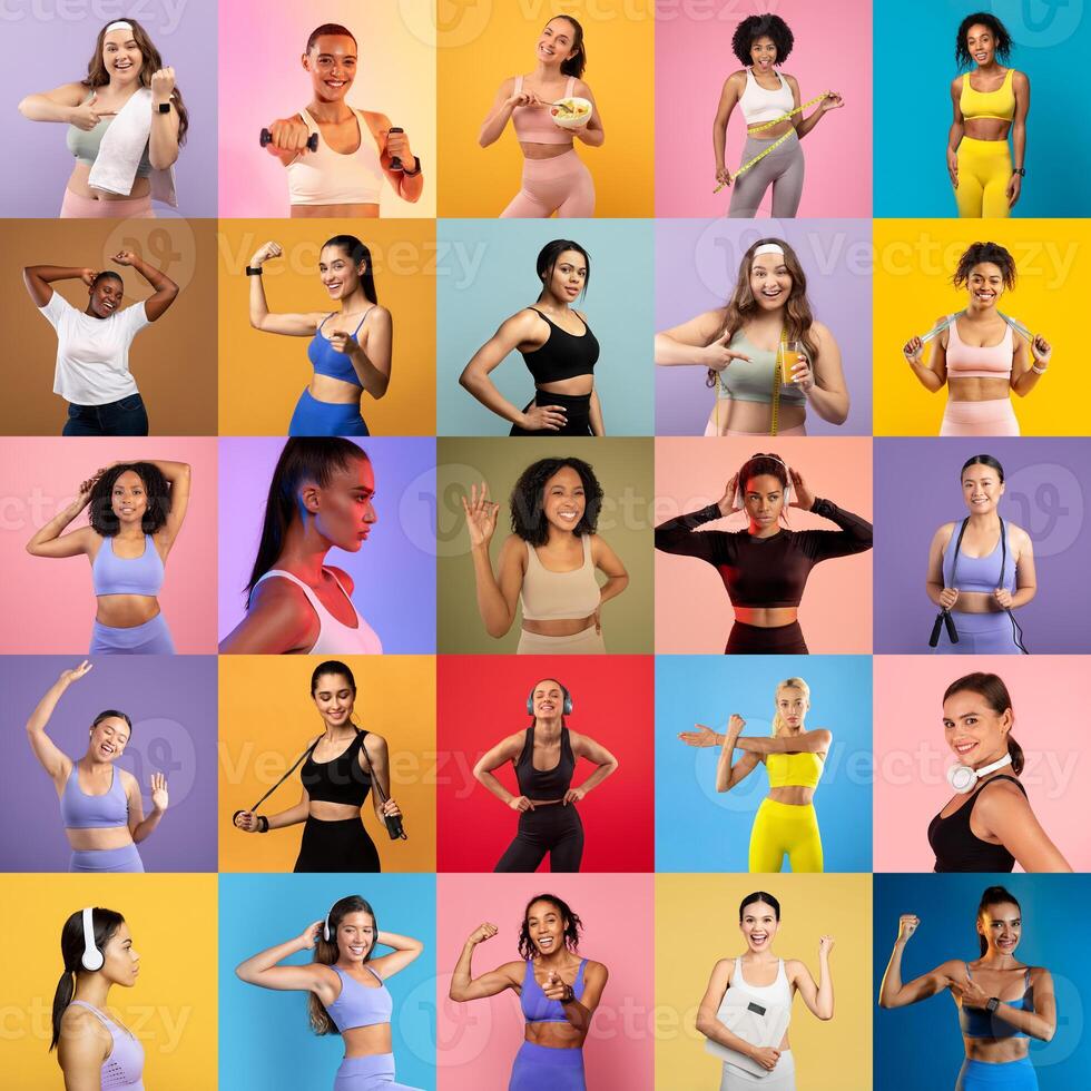 A vibrant display of women in various active poses celebrates fitness and empowerment. Each individual expresses joy and strength against cheerful, colorful backdrops. photo