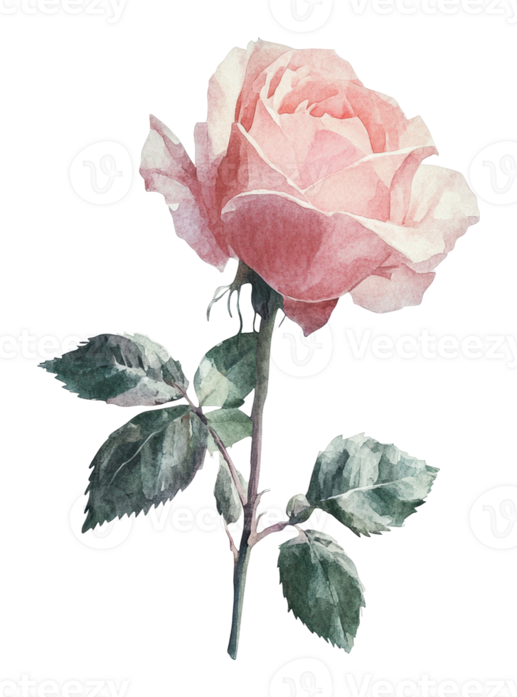 Delicate pink rose with soft petals and leaves png
