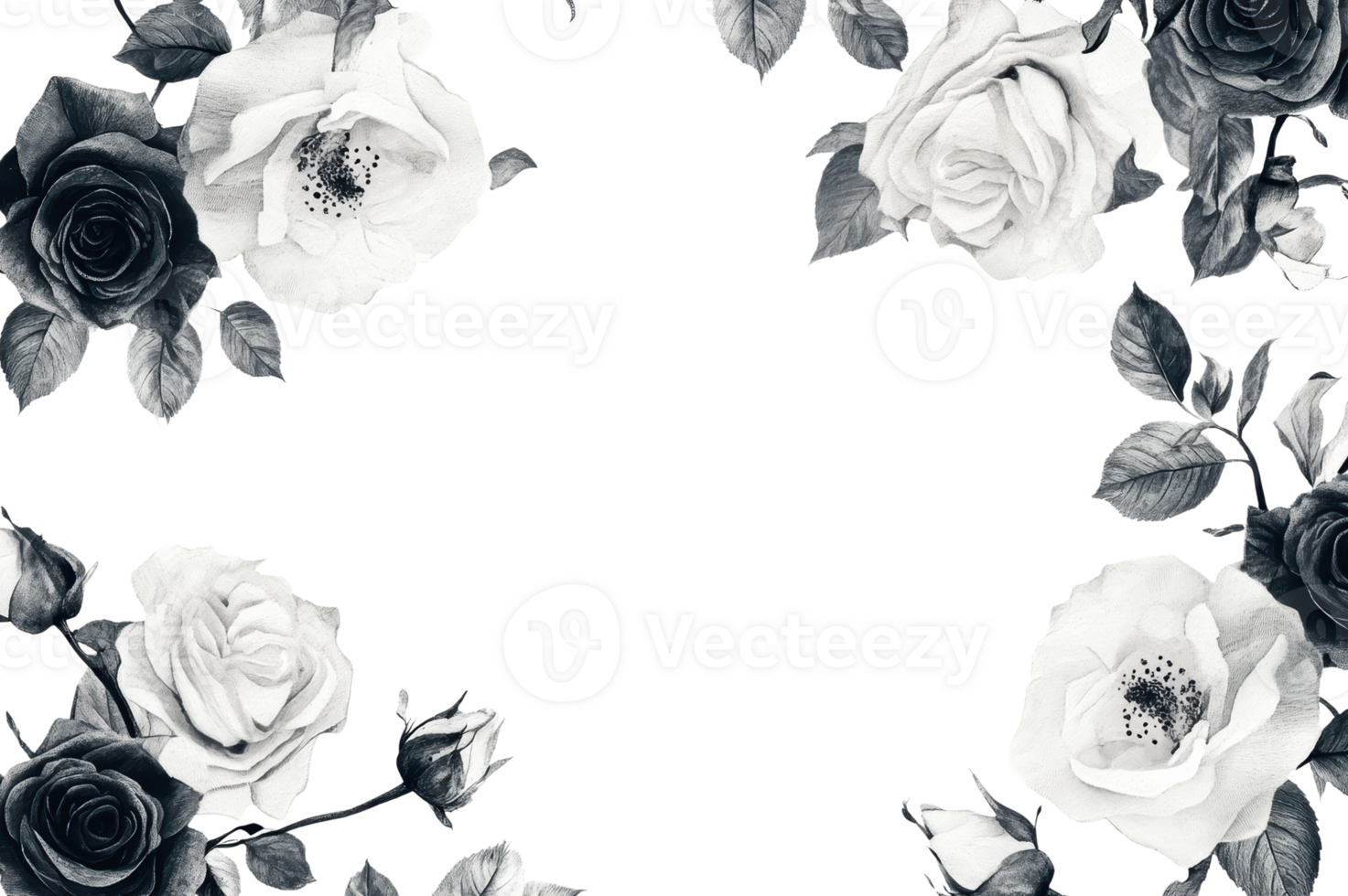 Black and white roses framed in artistic design png