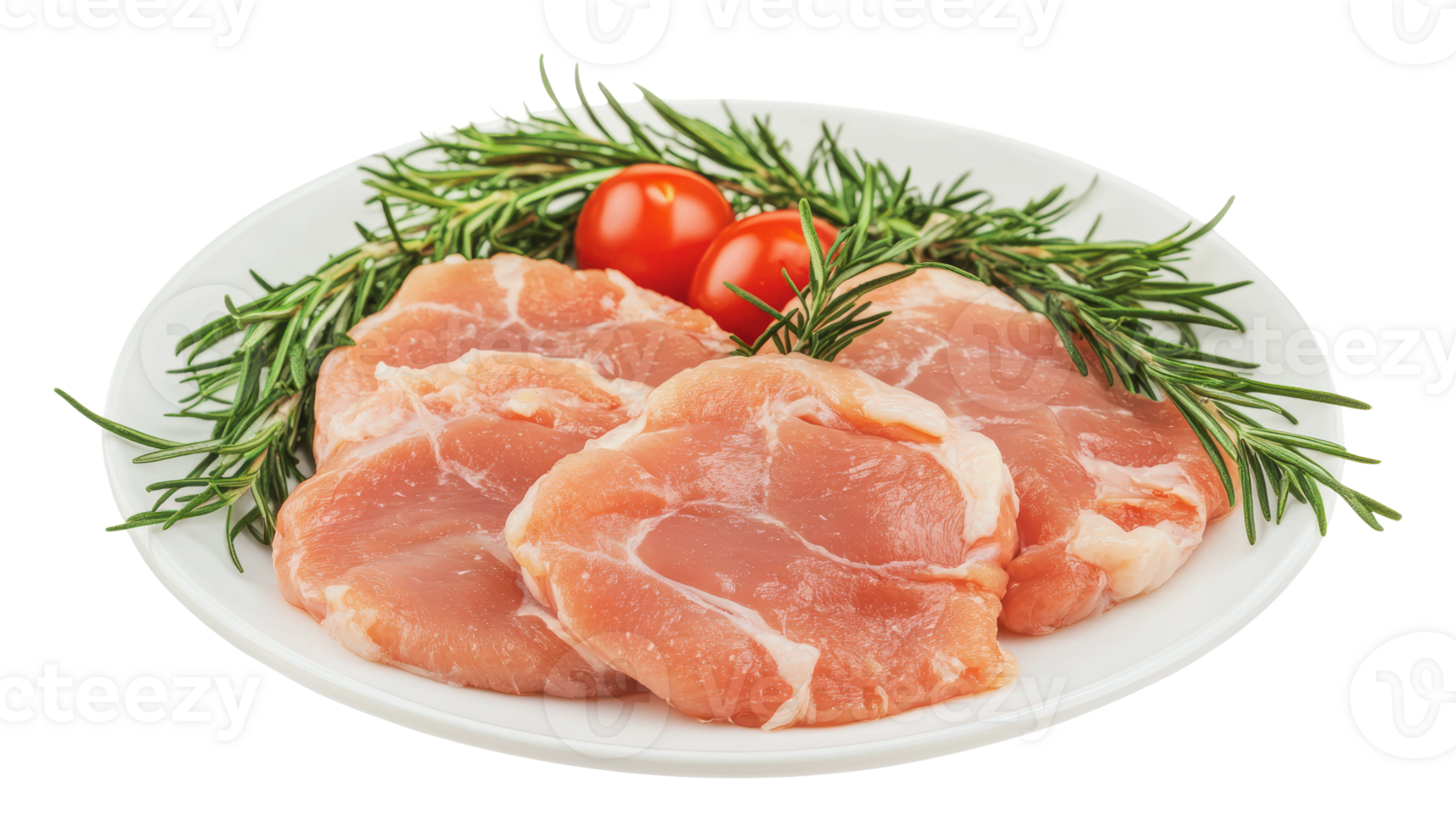 Fresh pork chops with herbs and tomatoes on plate png
