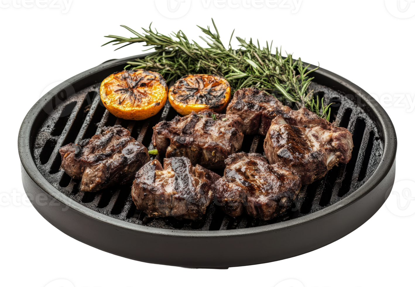 Grilled meat with rosemary and citrus garnishes png