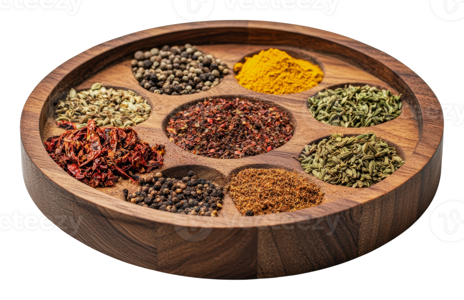 Spices arranged in a wooden tray for cooking png