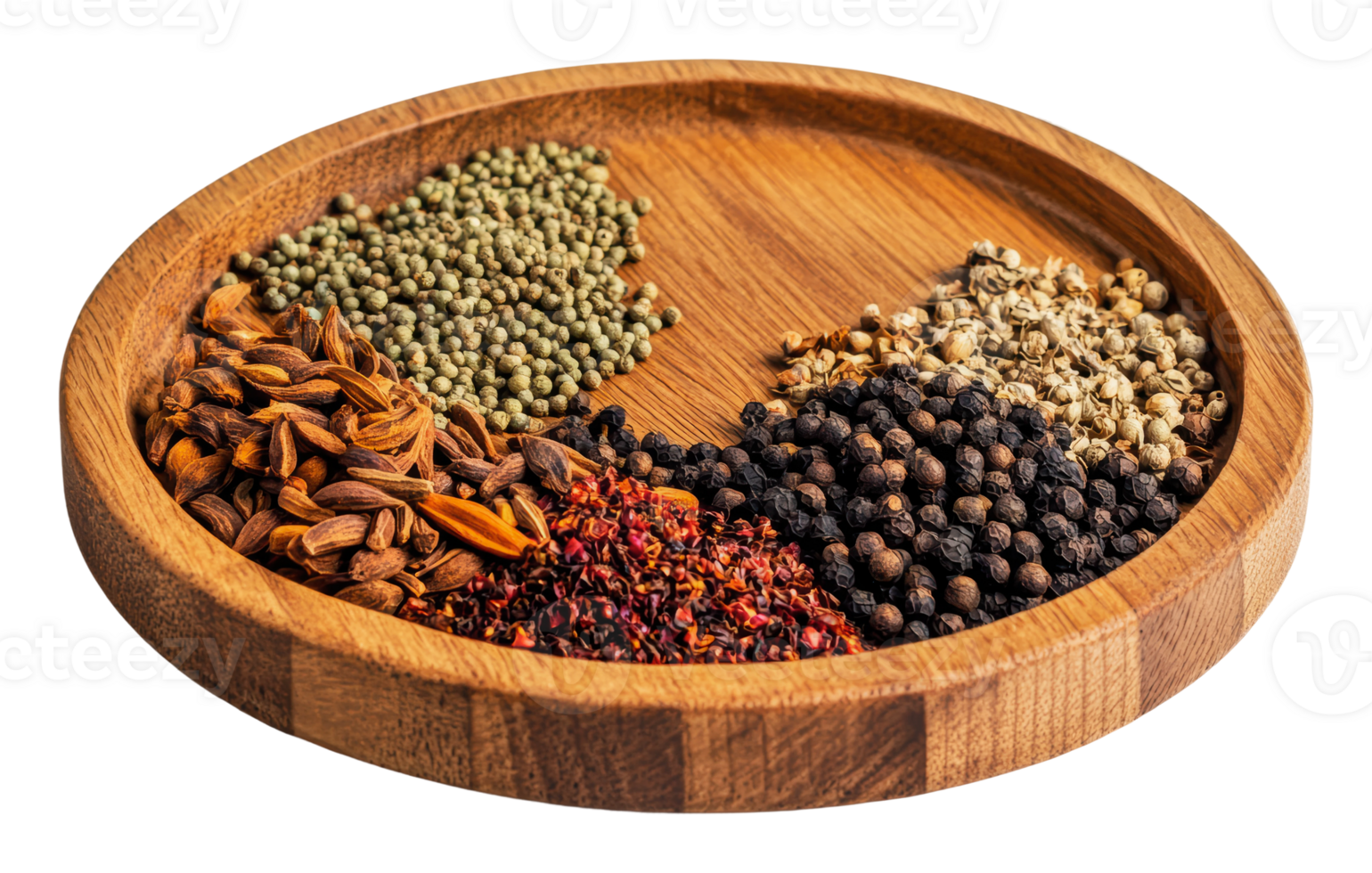 Variety of spices arranged in a wooden tray png