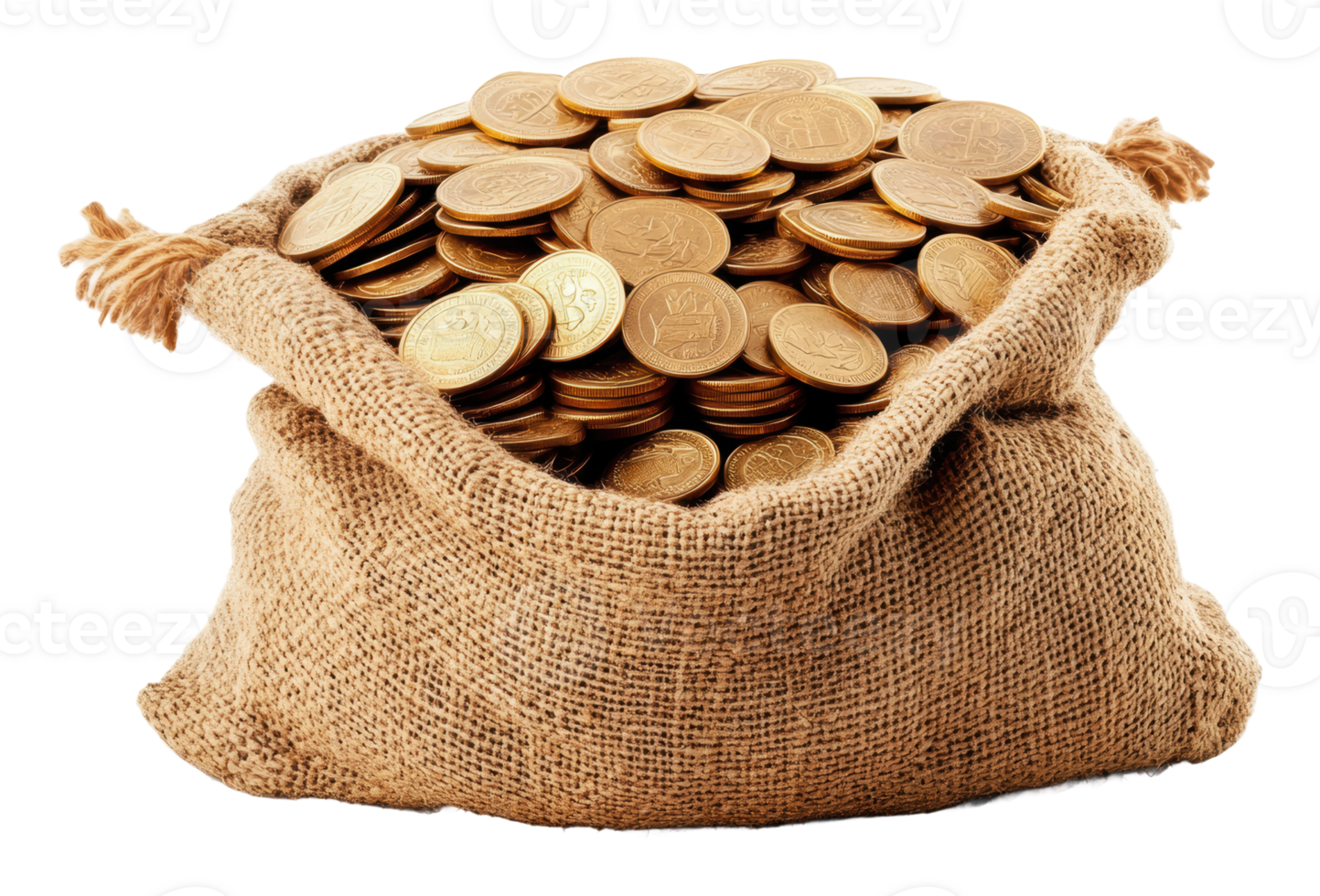 Bag filled with golden coins on a white background png
