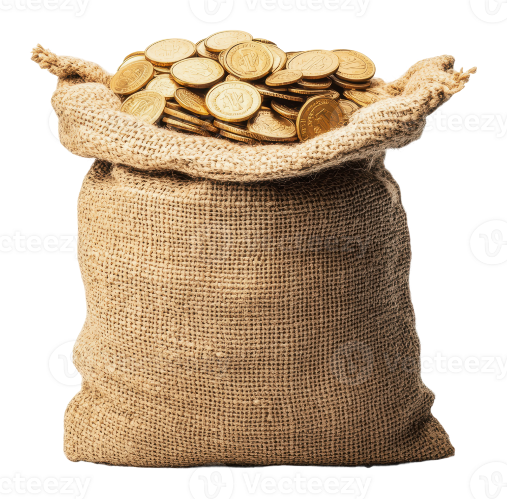 Burlap sack filled with gold coins at a market png