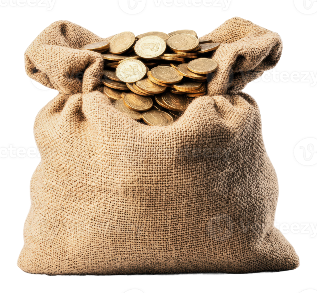 Hessian bag filled with golden coins on display png