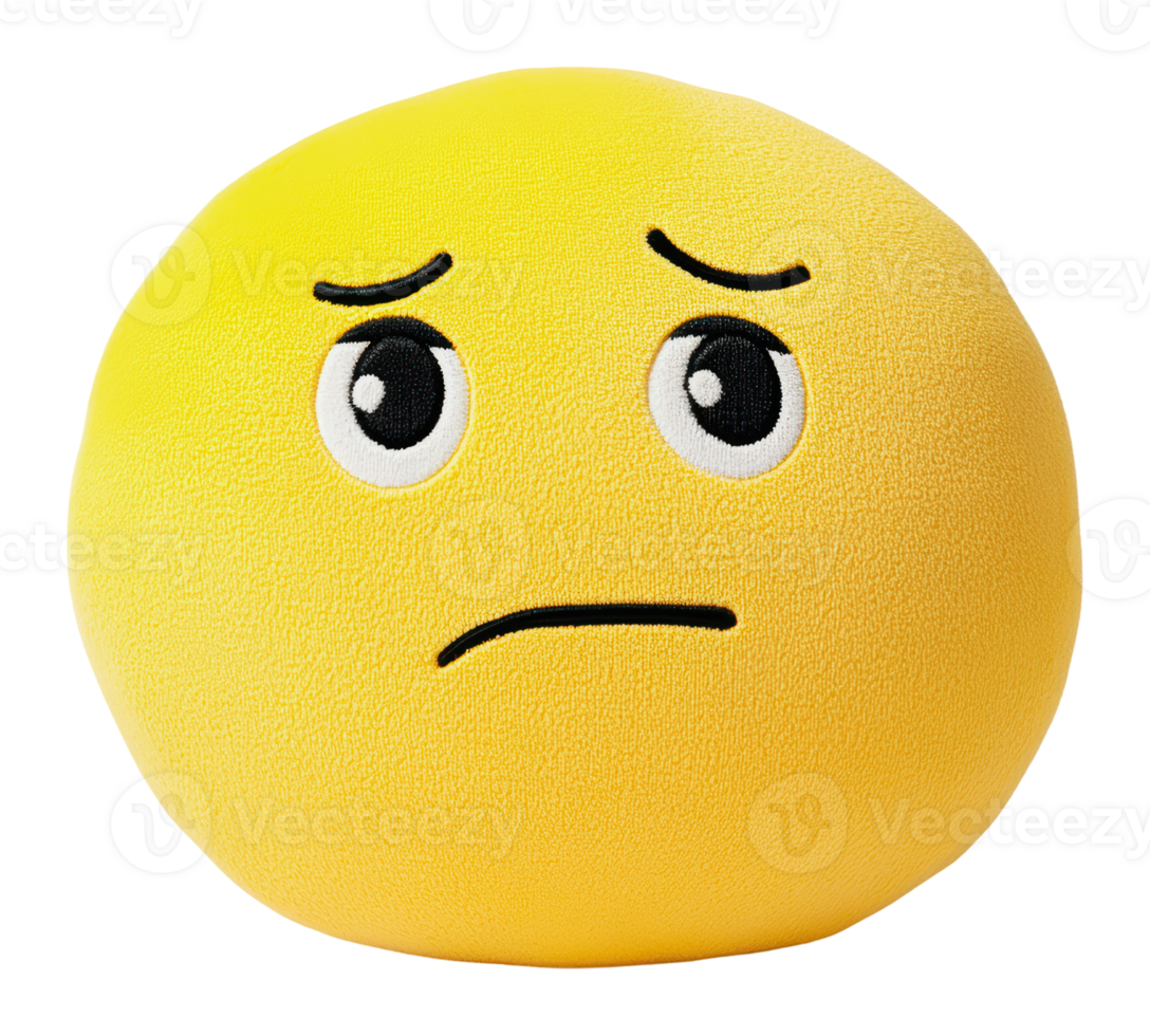 Sad yellow emoji plush toy with expressive eyes png