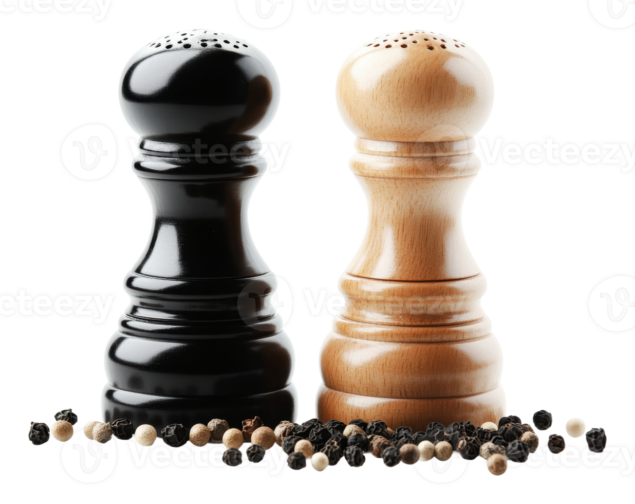 Black and wooden pepper mills on white background png