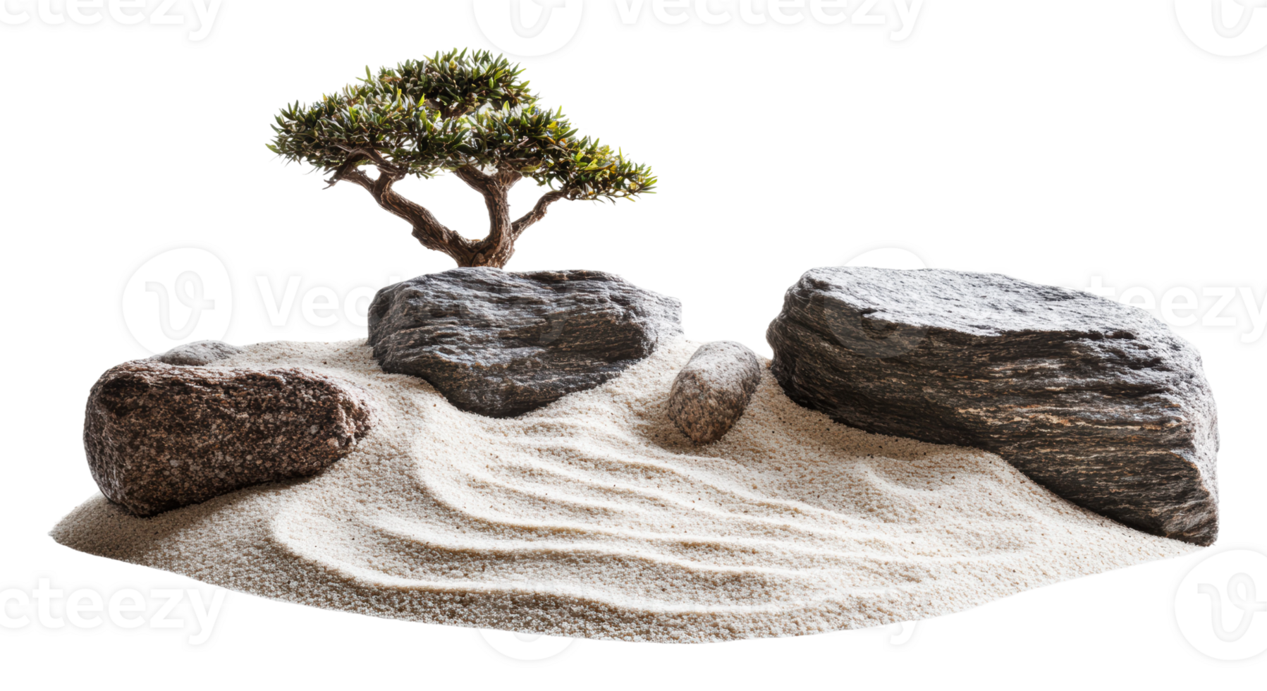 Bonsai tree with stones in a zen garden setting png