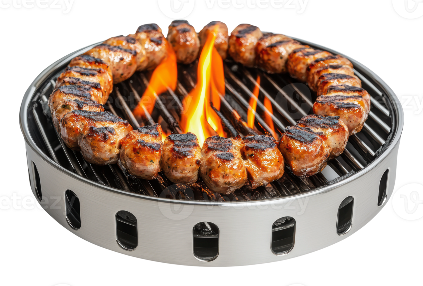 Grilled sausages sizzling over an open flame png