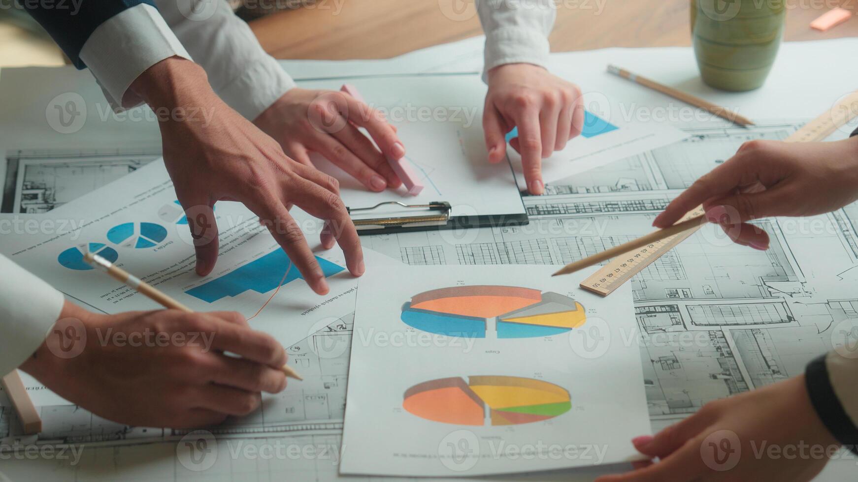 Paperwork on table office coworkers architects engineers contractors colleagues teamwork unrecognizable team business man women discussion architectural project documents blueprint graph plan on desk photo