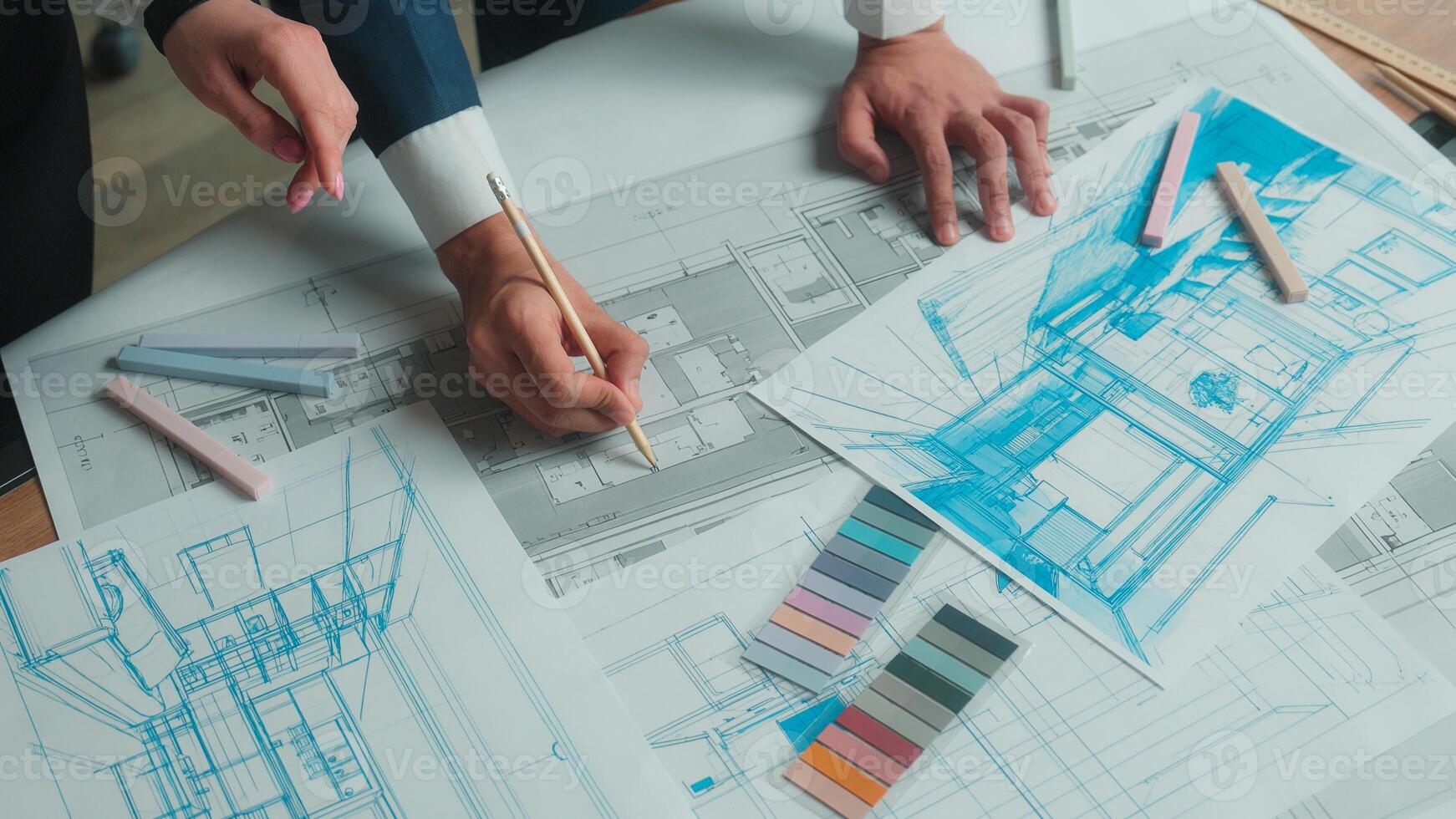 Architecture design project Arabian man architect designer engineer muslim women in hijab talk discuss office interior drawing building floor plan drafting blueprint on paper business team colleagues photo