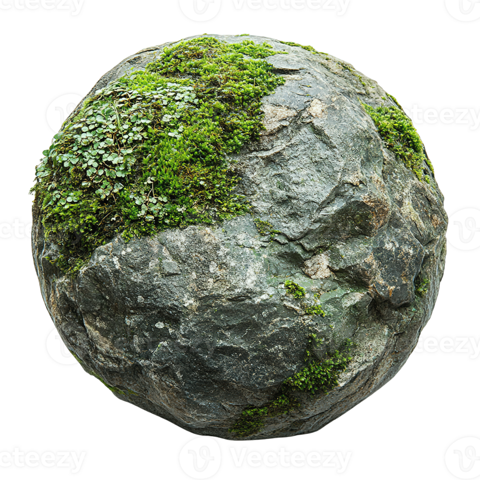 Lush Moss and Tiny Plants Adorn a Spherical Rock png