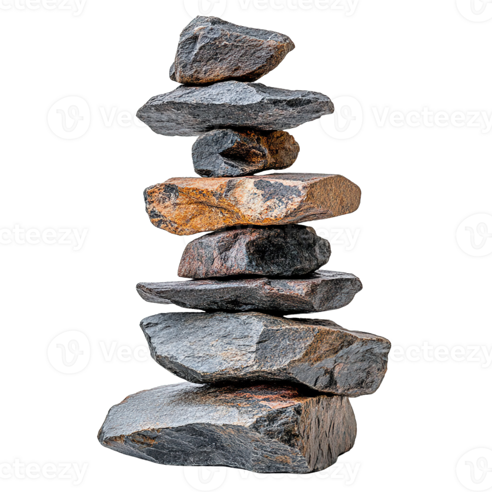 Stacked Stones Cairn Representing Harmony and Stability with Raw Mineral Details png