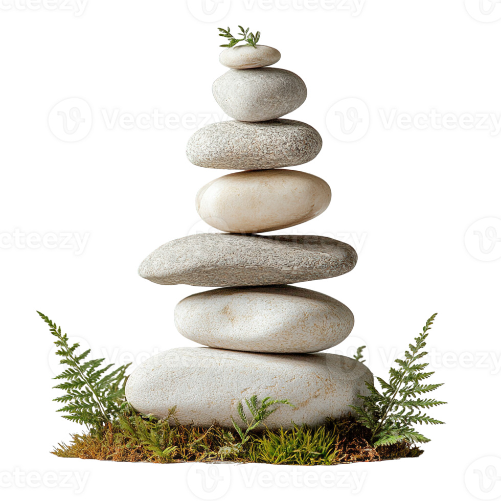 Rock Stacks Featuring Smooth Stones with Moss and Ferns Isolated on Transparent Background png