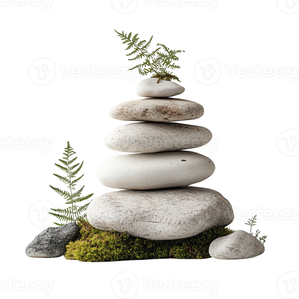 Zen-Inspired Rock Cairns Surrounded by Verdant Moss and Delicate Ferns png