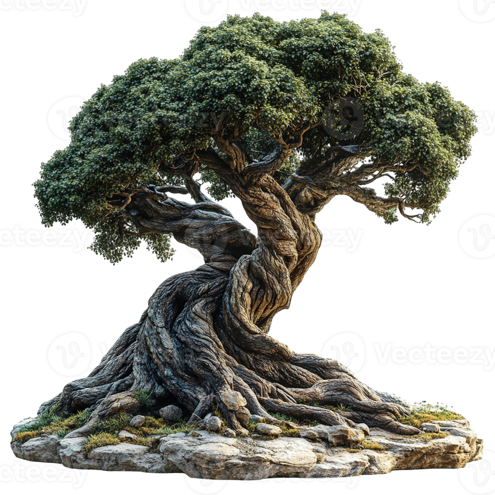 Enchanting Gnarled Tree with Sprawling Roots Over Rocks Isolated on Transparent Background png