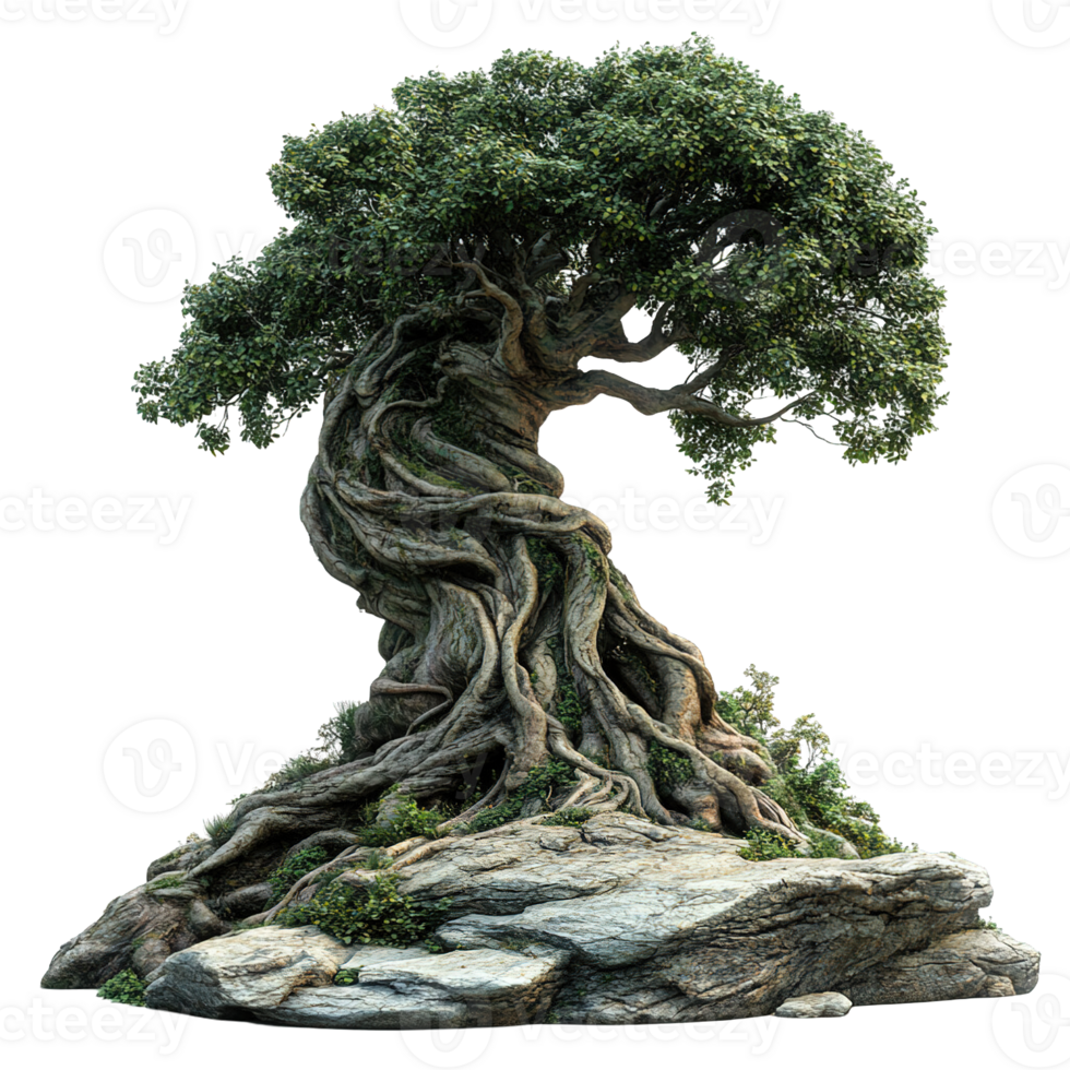 Ancient Tree with Unique Twisted Trunk and Dense Leaves png