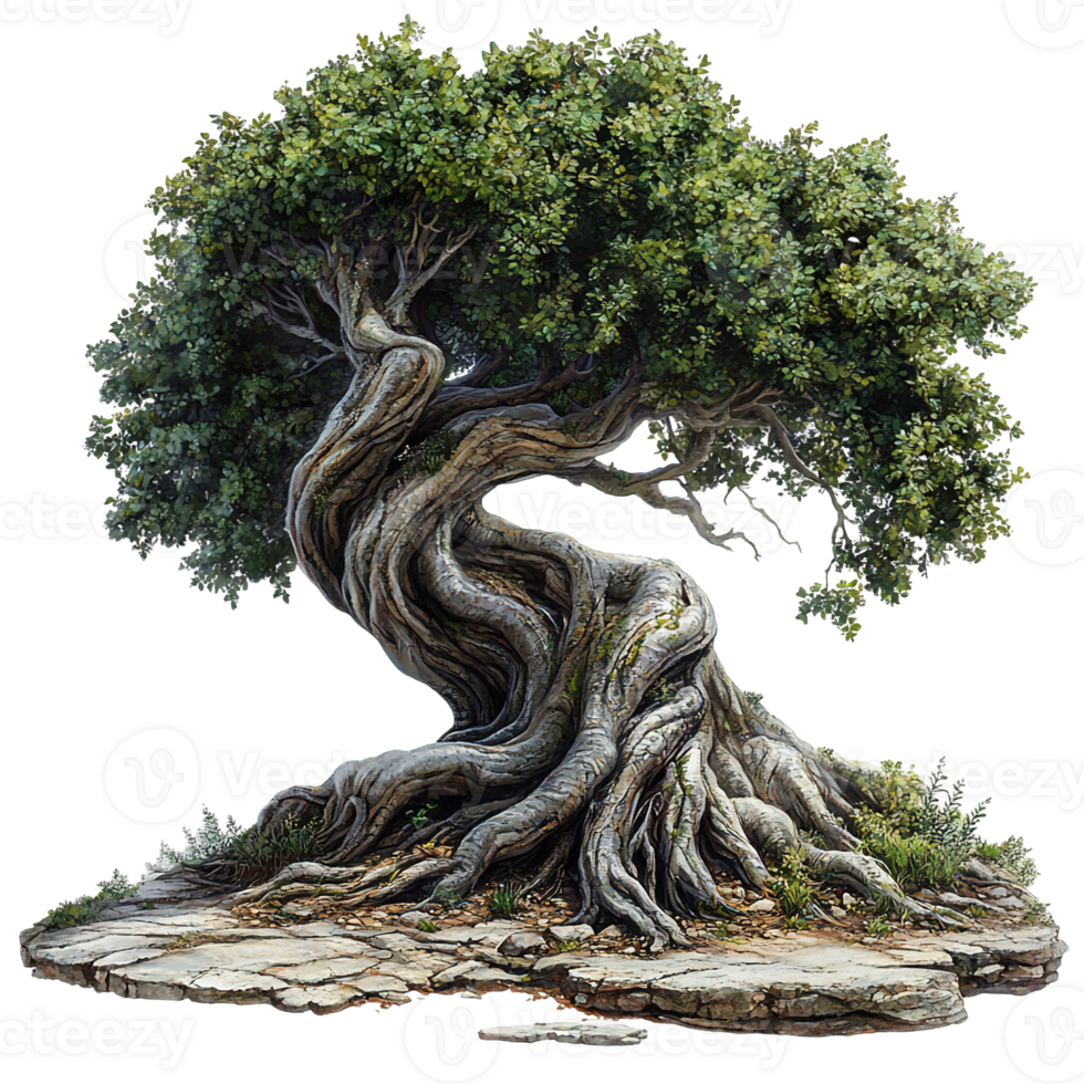 Twisted Tree with Thick Foliage and Rocky Base Isolated on Transparent Background png