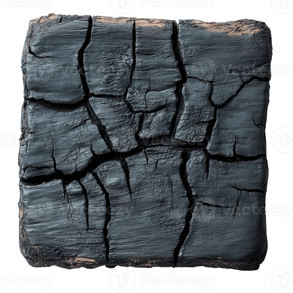 Close-up of a heavily burned wood plank showing deep cracks and blackened surface png