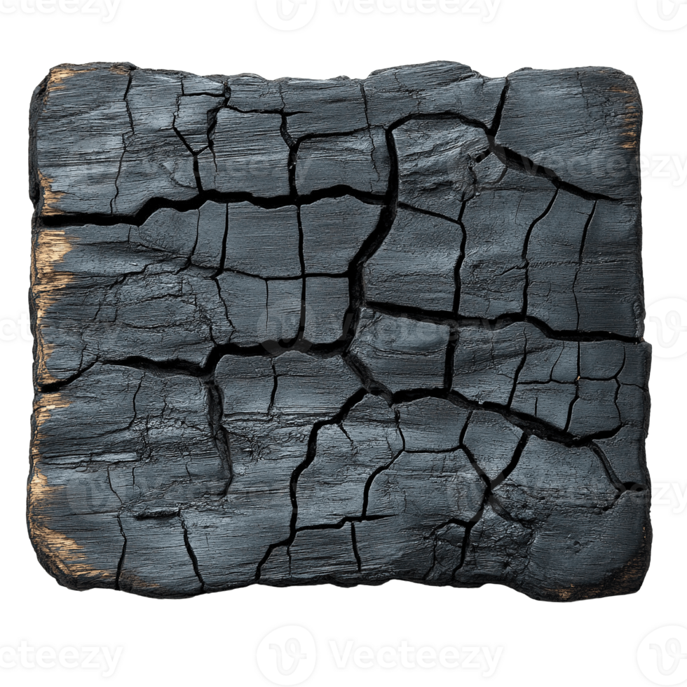 Rustic charred wood showcasing the effects of intense heat with deep cracks and blackened texture png