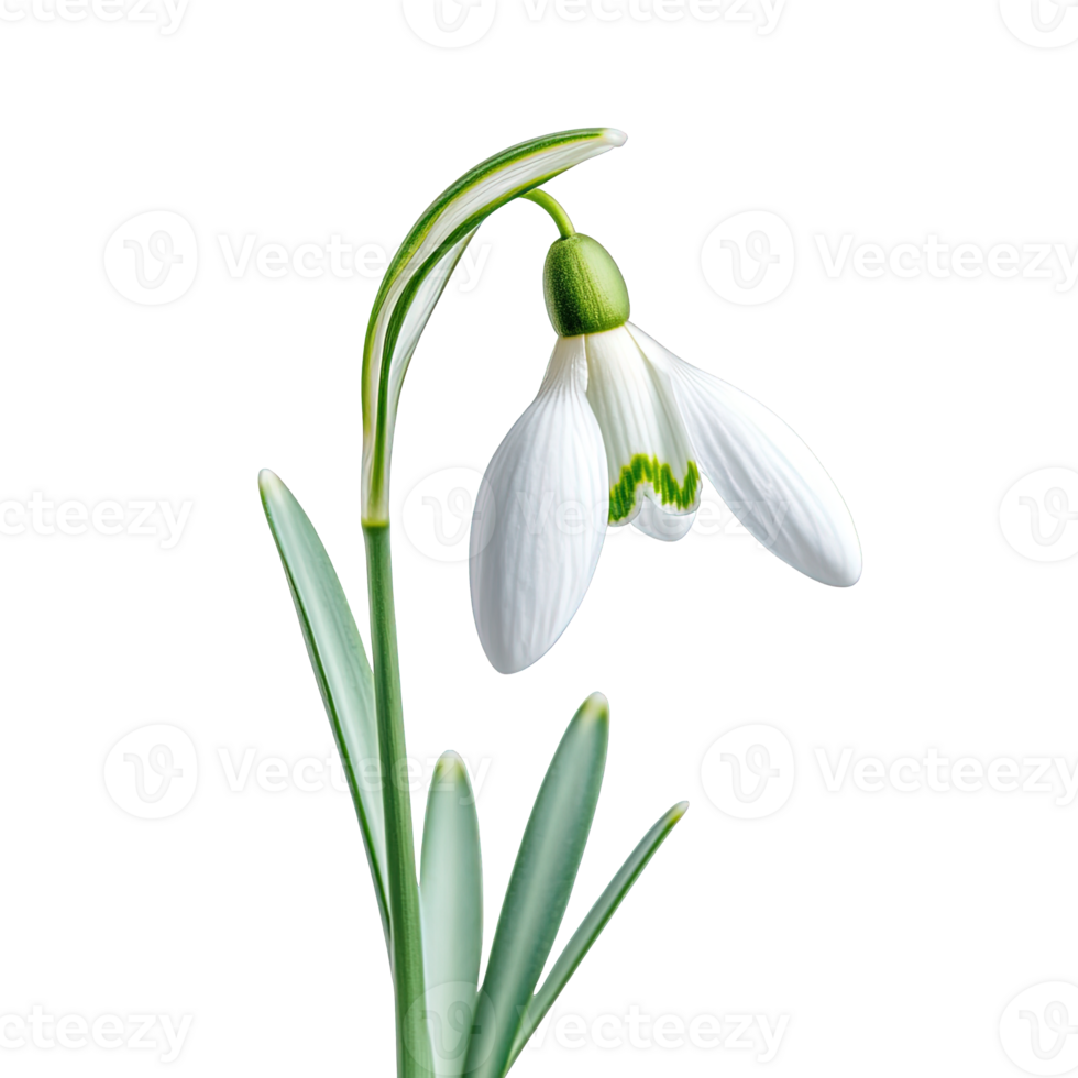 Solitary Snowdrop Bloom with Slender Stem and Elongated Green Leaves png
