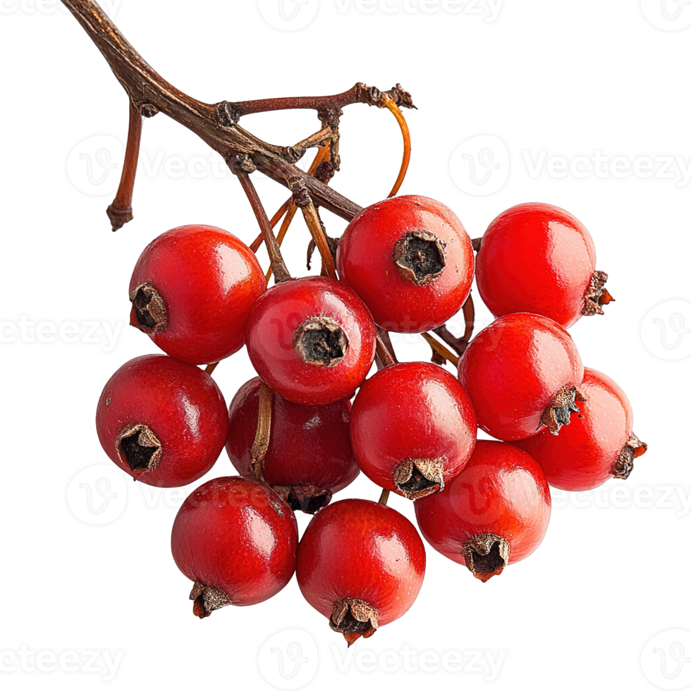 Bright Red Berries with Small Dark Tips on Brown Stalk on Transparent Background png
