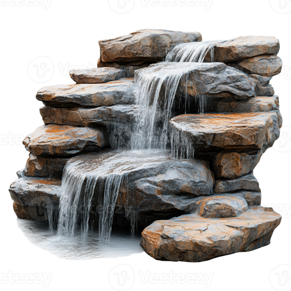 Beautiful Garden Waterfall with Multiple Rock Layers and Cascading Water png