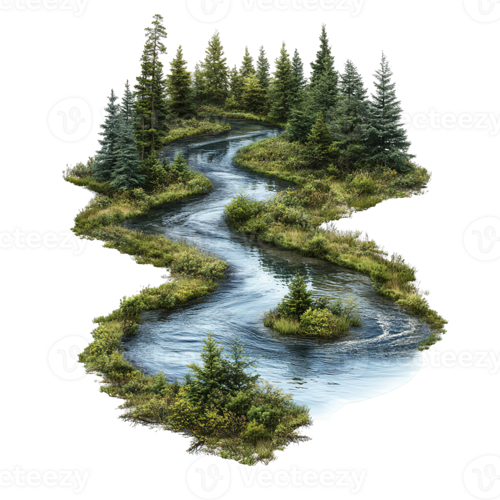 Peaceful River Flowing Through a Lush Evergreen Forest on Transparent Background png