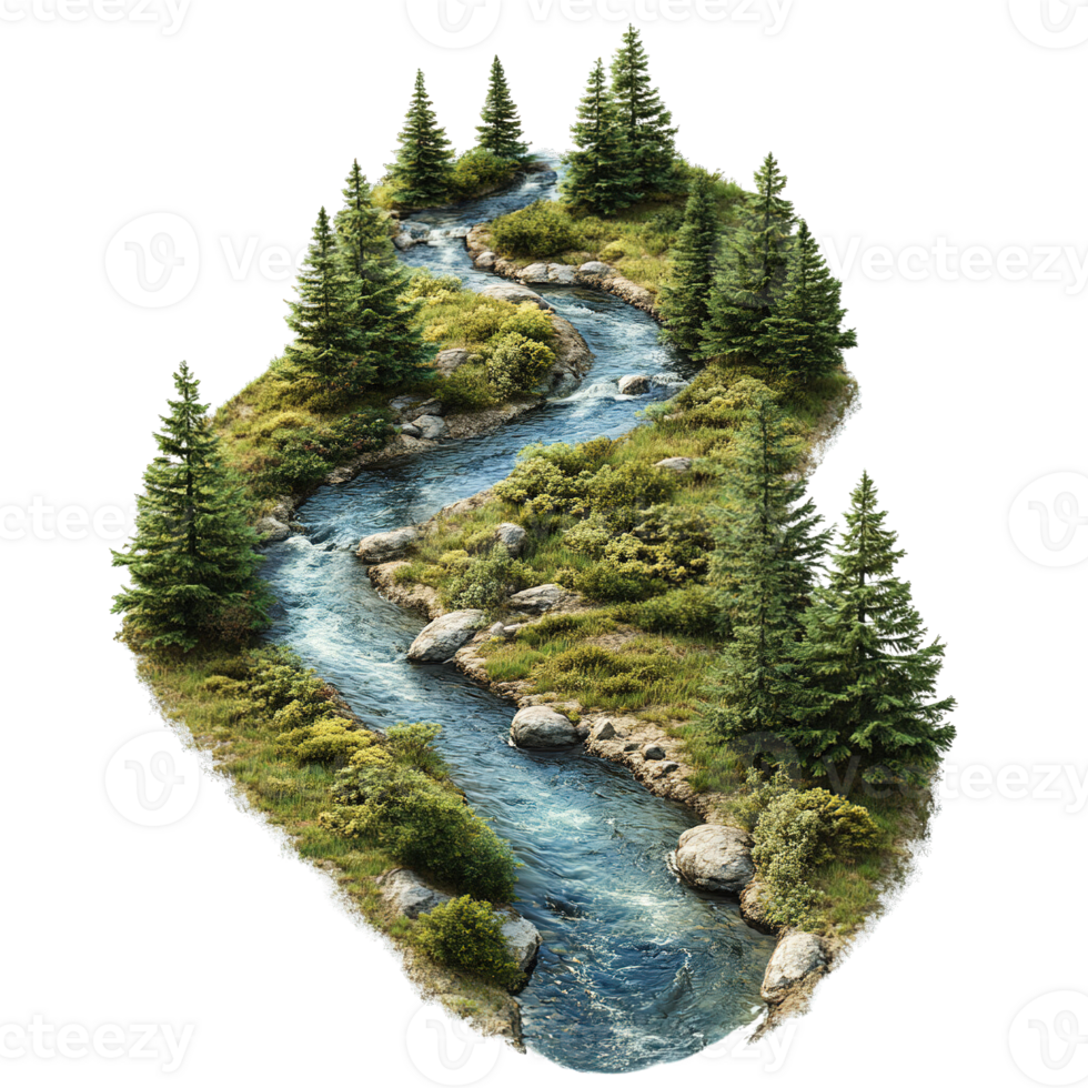 Winding River Through Lush Greenery and Evergreen Trees png