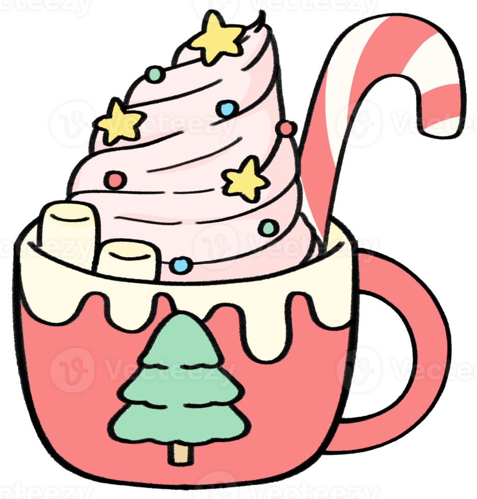 Christmas Mug with cream and candies Simple colors illustration hand drawn isolated for Christmas decorations png