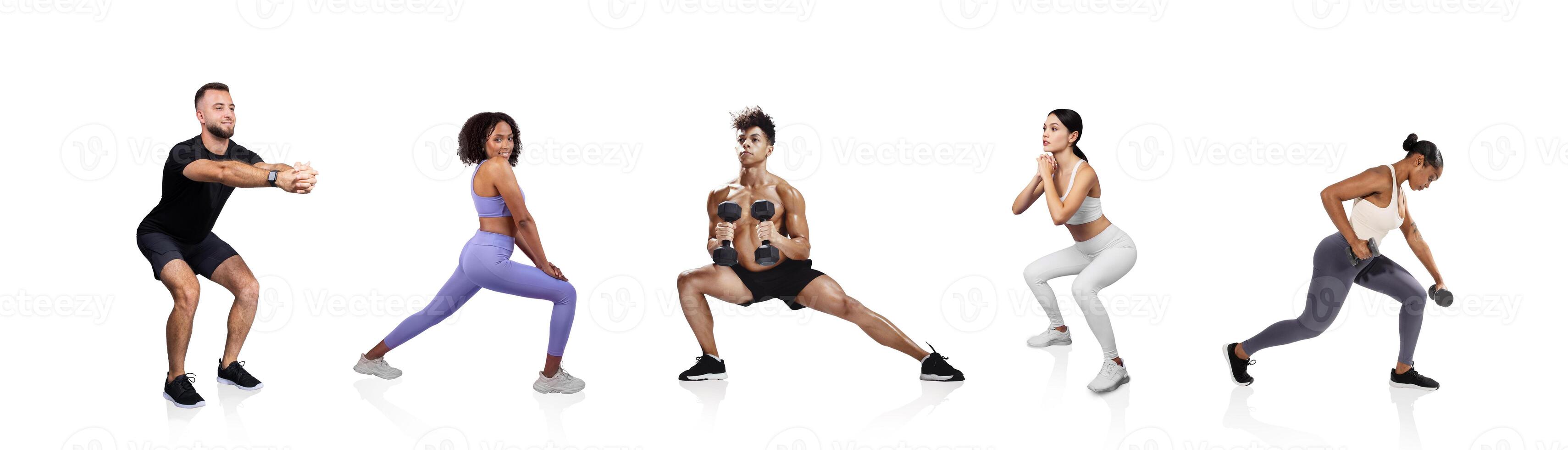 Five people are performing various strength training exercises. Different body types and workout gear reflect diversity in fitness. The setting is bright and clean, enhancing the workout atmosphere. photo