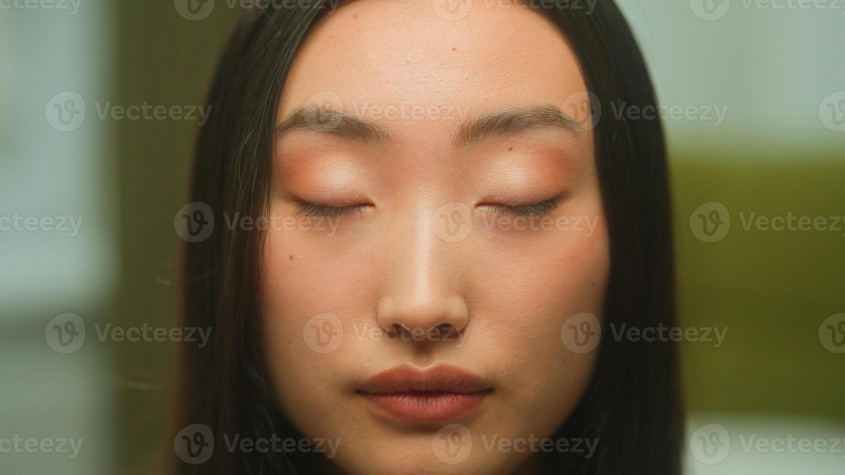 Asian woman face smile Chinese Korean ethnic girl gen z student businesswoman female with closed eyes lady Japanese natural beauty healthy skin cosmetics health care medical close up portrait headshot photo