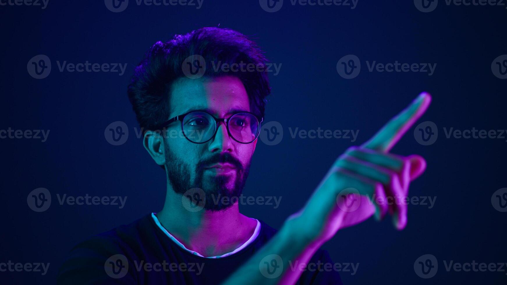 Infographic hologram backdrop template ultraviolet neon background pensive man hi-tech programmer engineer touch air space futuristic user interface HUD digital cyber technology virtual screen icon photo