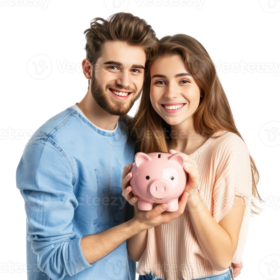 Smiling young couple standing with hand holding piggy bank side view isolate on transparency background png