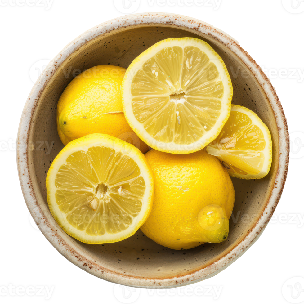 Lemon in a bowl top view isolate on transparency background png
