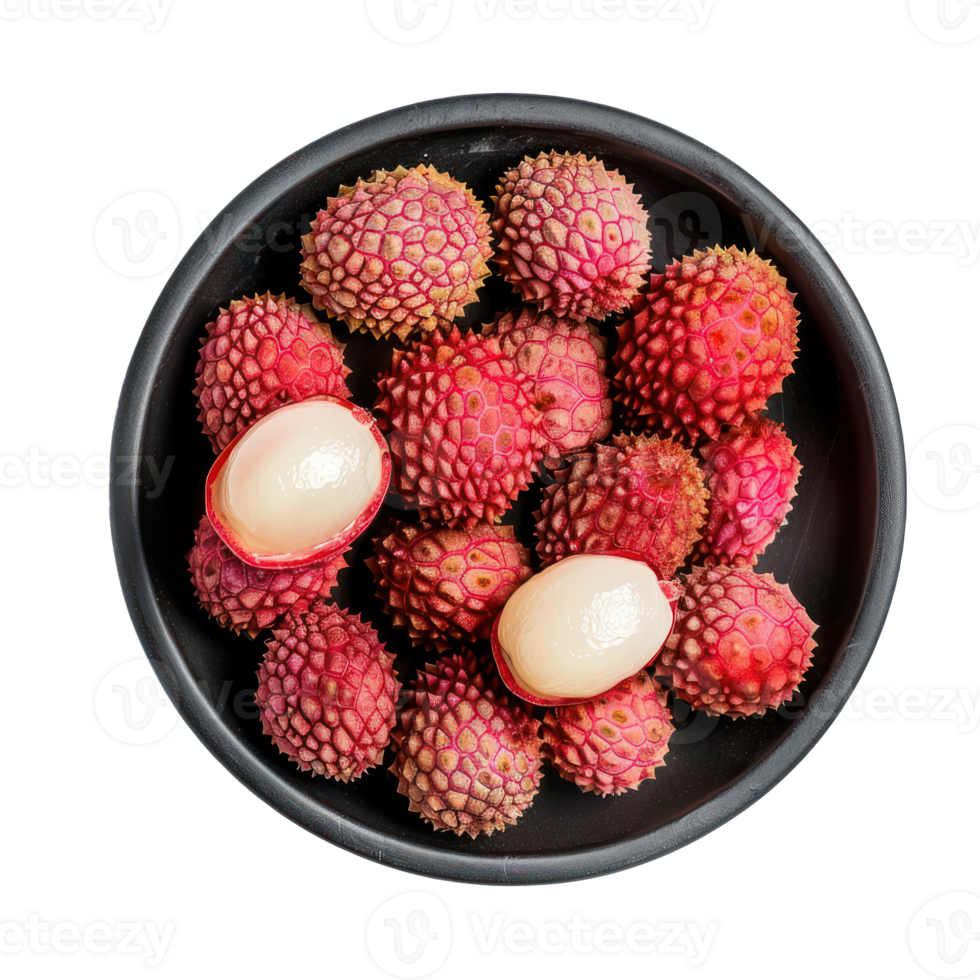 Lychee in a bowl top view isolate on transparency background png