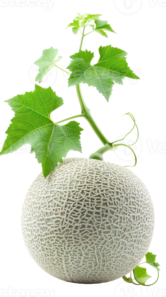 Cantaloupe melon with vine and green leave isolate on transparency background png