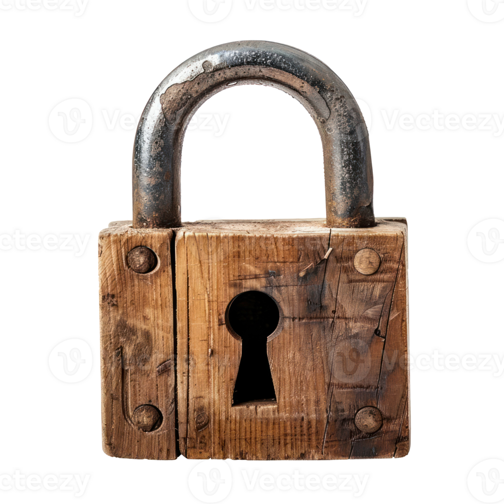 padlock with a wooden structure, set against a completely plain white background png