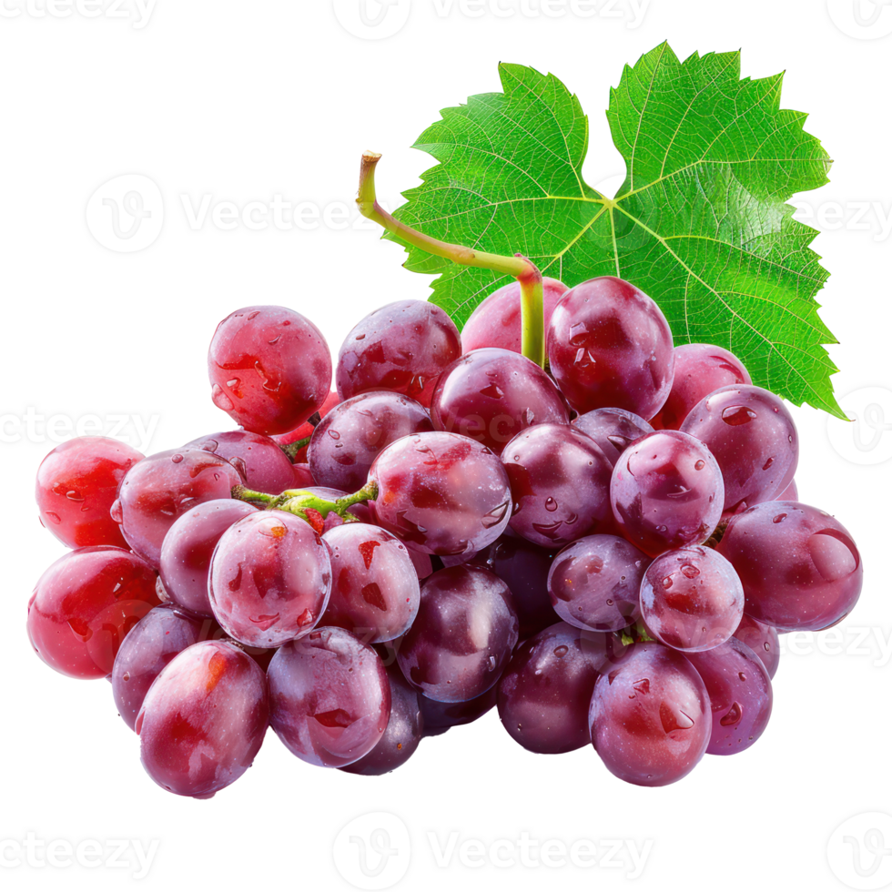 Fresh Red grapes with green leaves, clipping path isolate on transparency background png