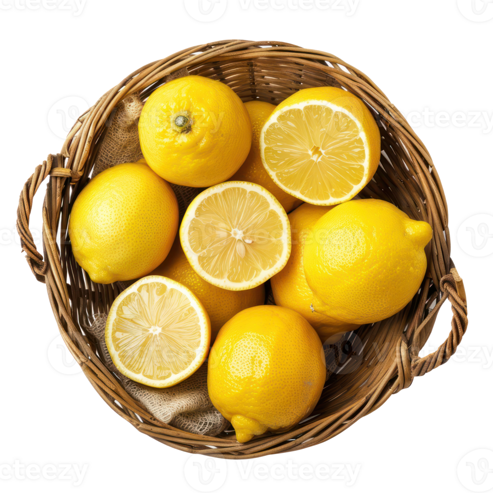 Lemon in a basket top view isolate on transparency background png