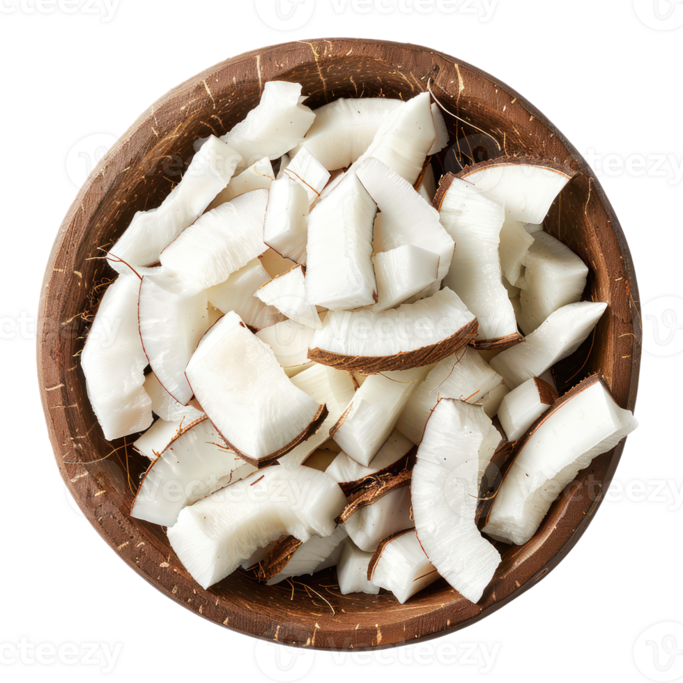 Sliced pieces of Coconut in bowl top view isolate on transparency background png