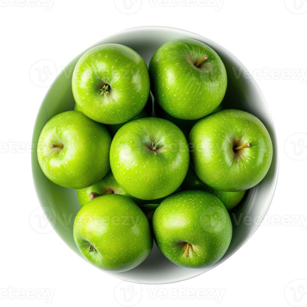 Fresh Green Apple in a bowl top view isolate on transparency background png