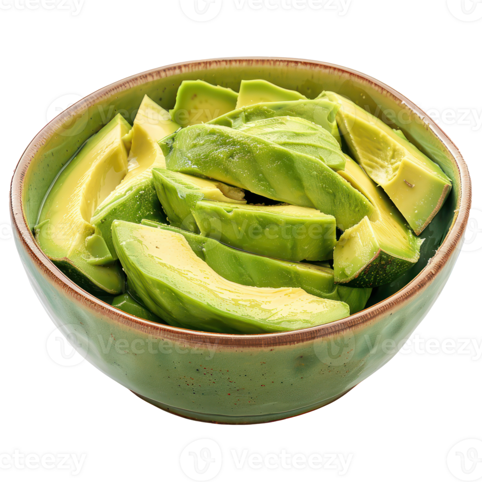 Sliced pieces of Avocado in bowl front view isolate on transparency background png