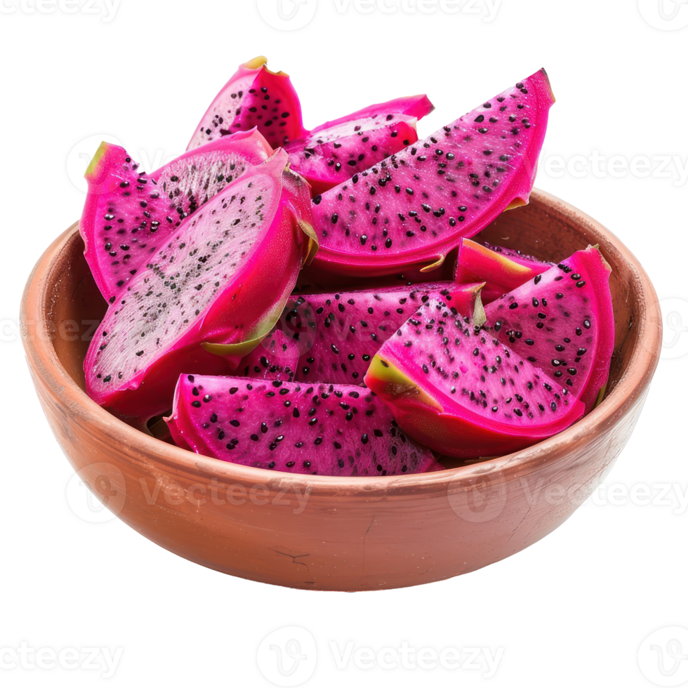 Sliced pieces of Dragon fruit in bowl front view isolate on transparency background png