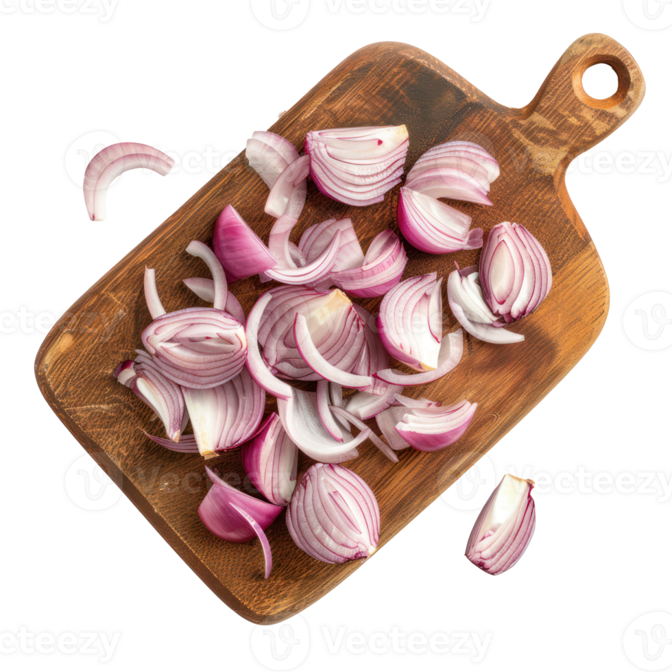 Sliced Shallots on chopping board top view isolate on transparency background png