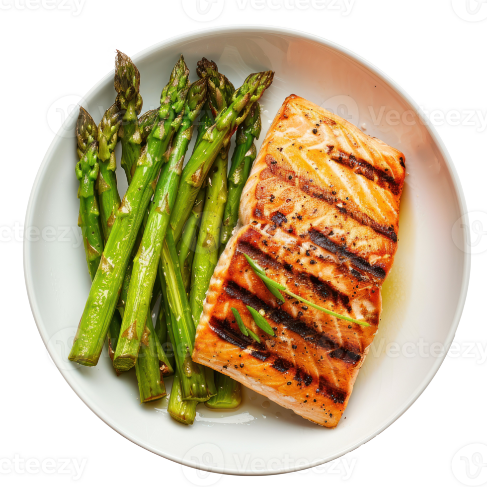 grilled salmon and asparagus in a bowl isolate on transparency background png