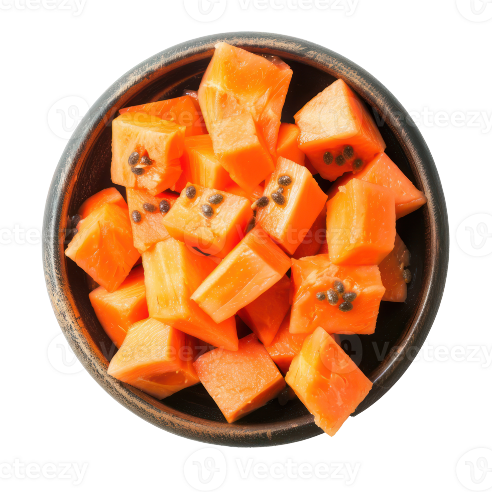 Sliced pieces of Papaya in bowl top view isolate on transparency background png